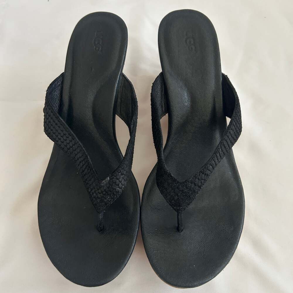UGG Australia Womens Nastassia Wedge Sandals Size 9.5 Black Strap Cork Leather